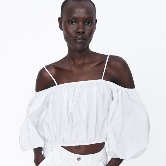 ZARA OFF THE SHOULDER TOP WITH BALLOON SLEEVES IN WHITE SZ M - Picture 3 of 12